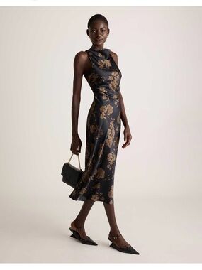 Quince Black Midi Silk Dress with Gold Floral Print